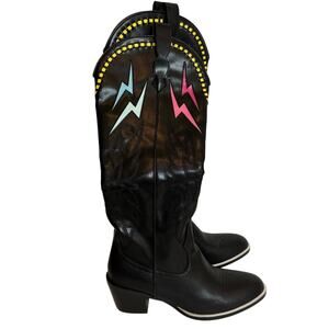 Women's Tall Black Western Lightning Bolt Design Concert Festival Boots Size 40